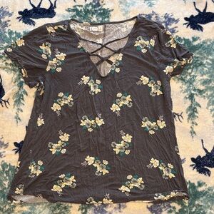 Maurices Black Floral Criss-Cross Top